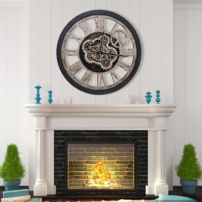 The B-Style Large Wall Clock 18 inch Moving Gear Wall Clock Oversized Vintage Farmhouse Wall Clocks for Living Room Decor Rustic Industrial Wood Clock (Black)-Ruum Studio Home