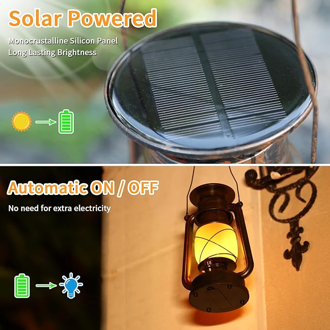 2 Pack Solar Hanging Lantern Outdoor, Solar Powered, Auto On/Off Waterproof LED Flame Umbrella Vintage Lights for Garden, Patio, Yard, Flickering Flameless Candle Mission Lights for Table, Party-Ruum Studio Home