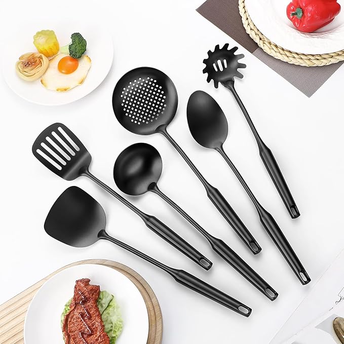 304 Stainless Steel Cooking Utensil,Kitchen Kitchen Utensil with Spatula, Solid Spoon, Ladle, Skimmer, Spaghetti Spoon, 6 Piece Set, Dishwasher Safe(Black)-Ruum Studio Home