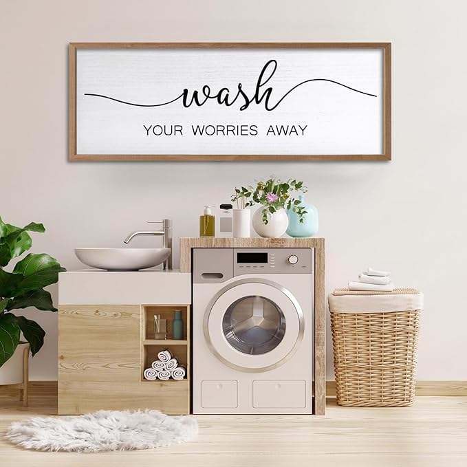 Wash Your Worries Away Wall Art Sign 32"×12" Laundry Room Large Wood Framed Restroom Toilet Wall Decor Hanging (Wood)-Ruum Studio Home