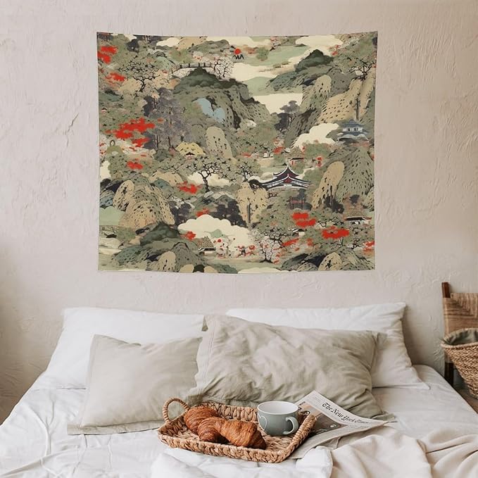Asian Tapestry,Japanese Red Landscape Asian Watercolor Abstract Art Tapestry, Asian Japanese Wall Tapestry, Nature Landscape Tapestries for Bedroom Living Room Decor 60"x50"-Ruum Studio Home