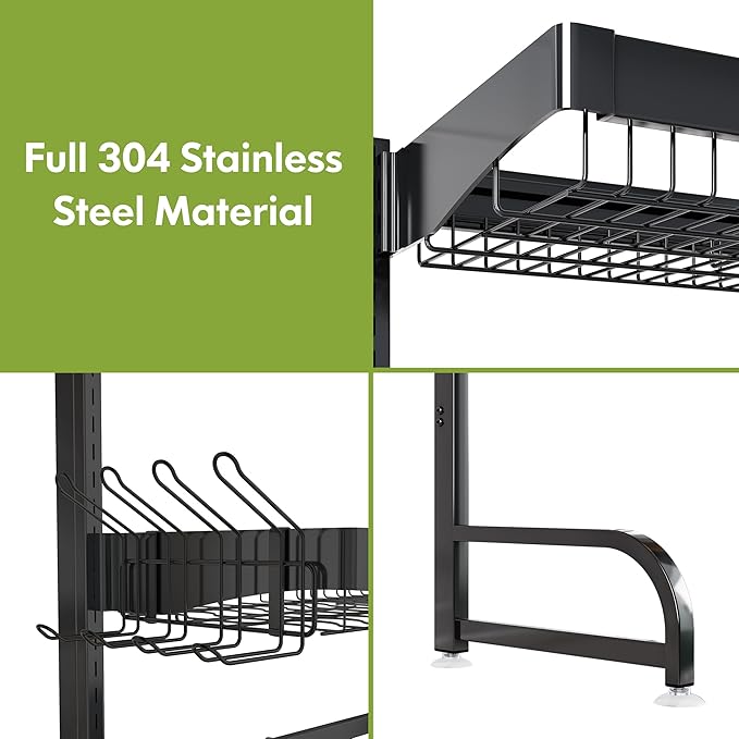 3 Tier Extra Large Stainless Steel Expandable Over The Sink Dish Drainer Drying Rack, Rust Proof Metal, Space Saving, Modern Black Big Capacity Extendable Plate Strainers Above Kitchen Counter-Ruum Studio Home
