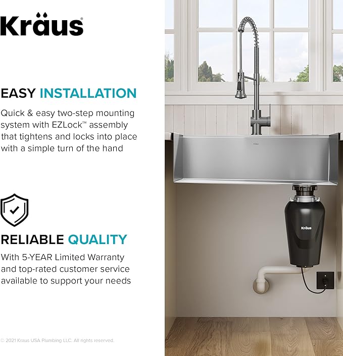 KRAUS WasteGuard 3/4 HP Ultra-Quiet Garbage Disposal with Quick Connect, Kitchen Sink Drain Cover, Power Cord and Flange Included, KWD100-75MBL-Ruum Studio Home