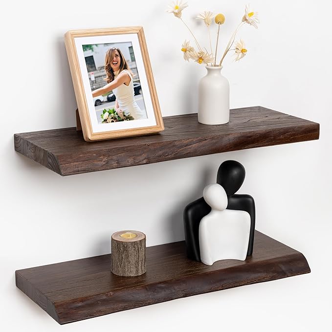 RICHFOCUS Live Edge Elm Floating Shelves - 24" W x 9.3" D Rustic Solid Wood Wall Shelves with Invisible Bracket, Wall-Mounted for Living Room, Bedroom, Kitchen Storage & Display, Set of 2, Walnut-Ruum Studio Home