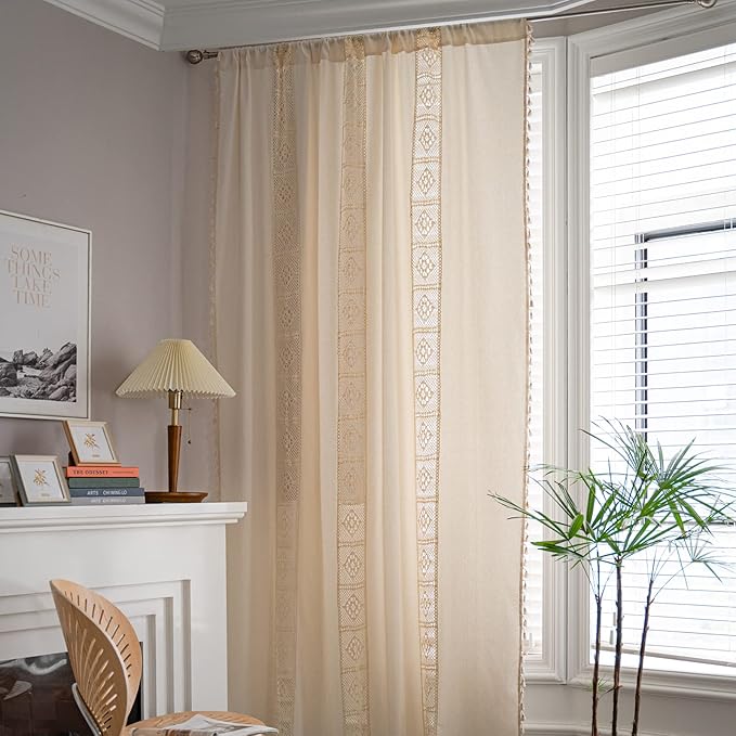 Sutuo Home Boho Curtain Crochet Lace Patchwork Semi-Blackout Bohemian Handmade Tassels, Rod Pocket Window Treatment Vintage Rustic Farmhouse Drapes for Bedroom, 1 Panel 59" W x 96" L, Beige-Ruum Studio Home