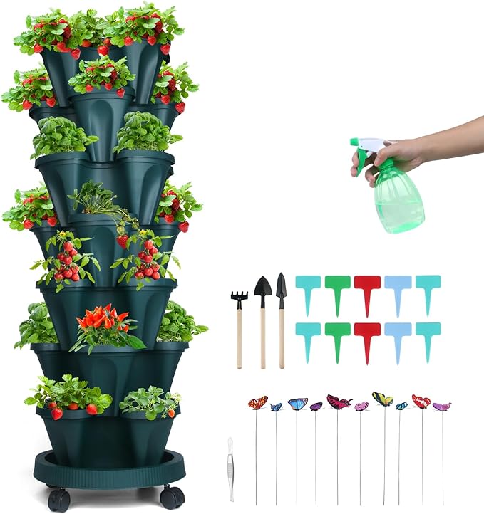 Vertical Planter, 7 Tier Stackable Strawberry Planter with Garden Tool Set, Movable Indoor/Outdoor Garden Herb Pot for Growing Vegetables and Succulents, Green-Ruum Studio Home