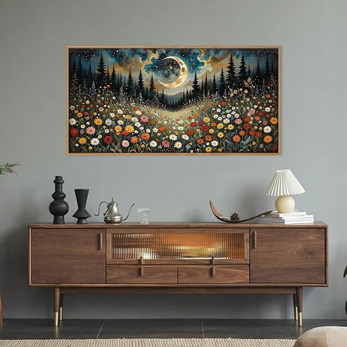 HPINUB Wildflower Moon Pine Tree Framed Canvas Wall Art Set,Nature Forest Wall Decor,Mystical Starry Night Artwork Rustic Mountain Landscape Art Print for Living Room,Bedroom,Office-20 x40-Ruum Studio Home