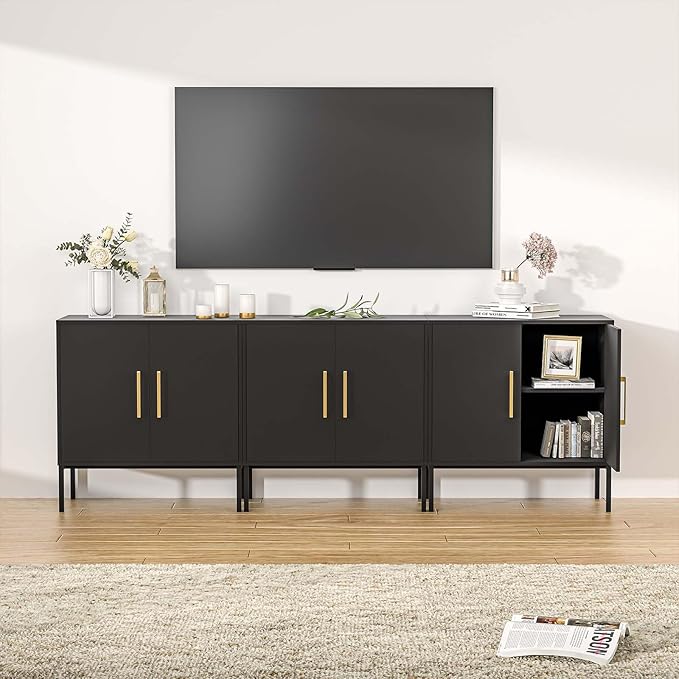 LYNSOM TV Stand for 85 Inch TV, Media Entertainment Center Console Table, 3 Cabinets, TV Console Table with Storage Cabinet for Bedroom, Living Room, Entertainment Room (Black)-Ruum Studio Home