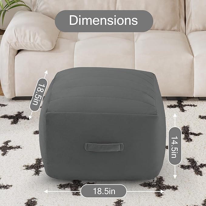 MeMoreCool Square Stuffed Pouf Ottoman Foot Rest, Floor Pouf Foot Stool with Foam Chunk Filling, Soft Stuffed Ottoman Footrest for Living Room, Dark Grey-Ruum Studio Home