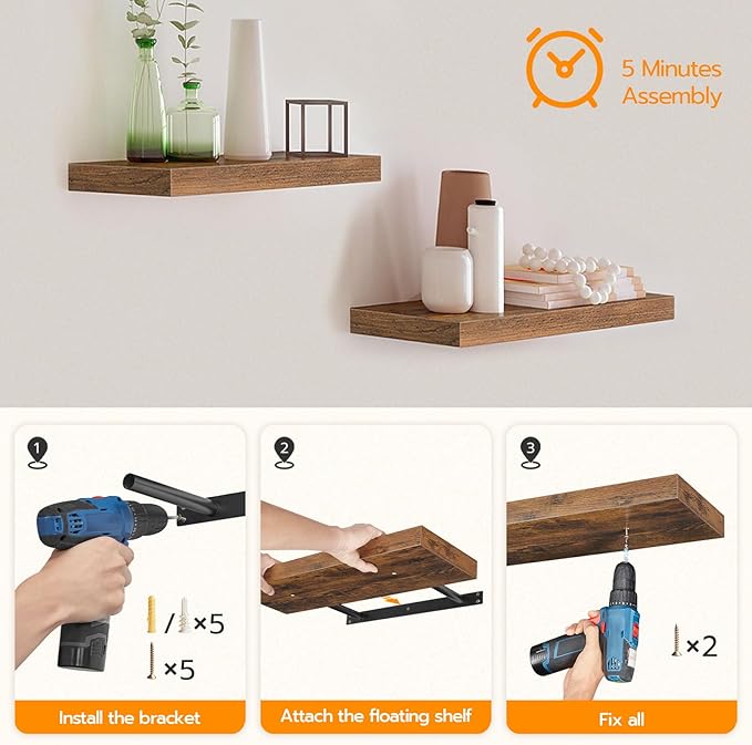 HOOBRO Floating Shelves for Wall, Wall Mounted Shelf Set of 2, 15.7" Hanging Shelf with Invisible Brackets, for Wall in Bathroom, Bedroom, Toilet, Kitchen, Living Room, Office, Rustic Brown BF40BJ01-Ruum Studio Home