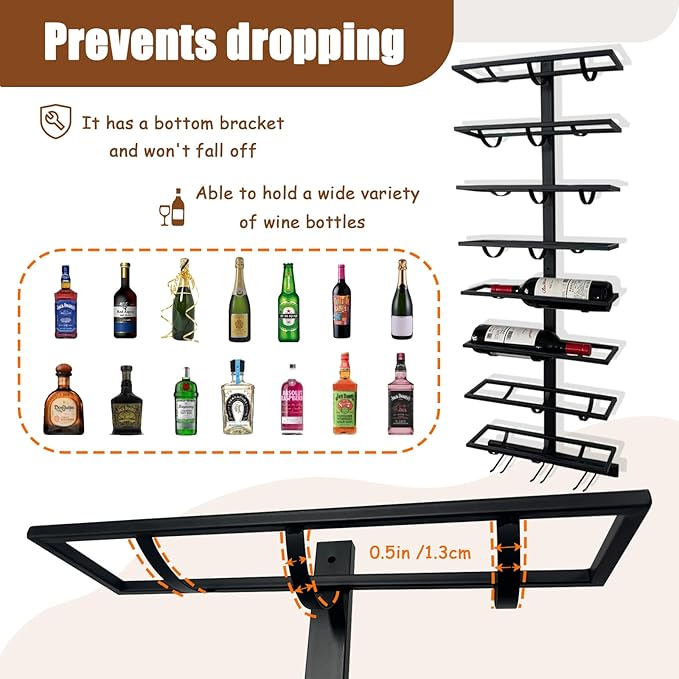 10 Bottle Wall Mount Wine Rack with Wine Glass Holder, Metal Wine Wall Rack, Wall Racks for Wine Bottles Display and Storage, Hanging Bottle Organizer for Living Dining Room Wine Cellar Bar (Black)-Ruum Studio Home