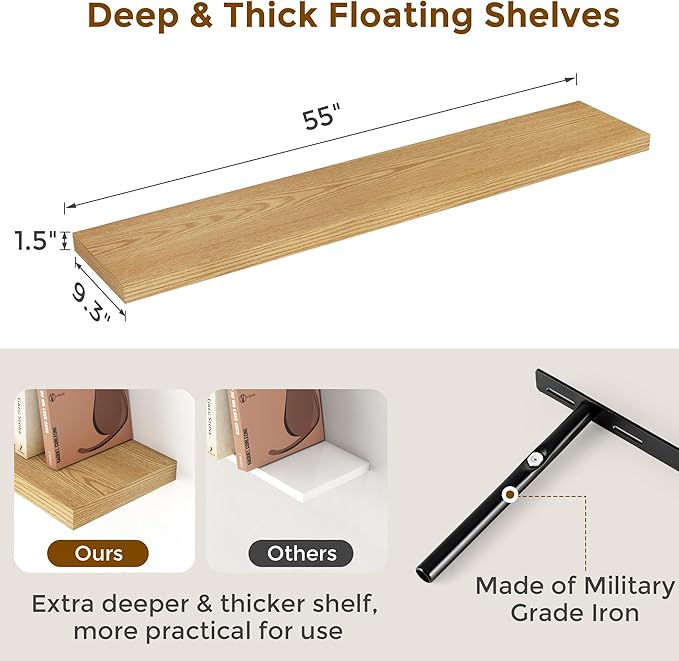 55 Inch Floating Shelves Set of 2, Rustic 55 x 9 Floating Shelf for Wall, 9 Inch Deep Wall Shelves Invisible Bracket, Large Deep Shelving for Bedroom, Kicten, Living Room, Oak Color-Ruum Studio Home