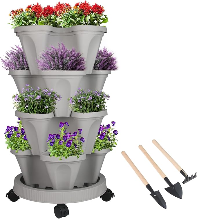 Vertical Planter 4 Tier Stackable Planters Garden Planters Strawberry Herb Flower and Vegetable Planter Indoor Outdoor Gardening Pots with Removable Wheels and Tools-Ruum Studio Home