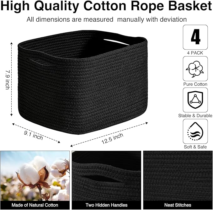 Black Storage Baskets for Shelves, Small Storage Baskets for Organizing, Woven Cotton Rope Baskets for Storage, Book Basket, Decorative Shelf Basket, 12.5"Lx9.1''Wx7.9''H (4 Packs) Black-Ruum Studio Home