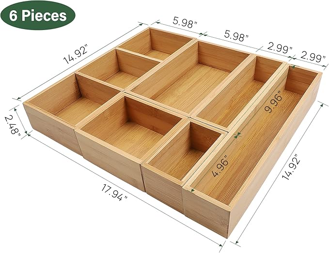 Kootek Bamboo Drawer Organizer with Removable Dividers, 6 Pcs Adjustable Kitchen Drawer Organizer Utensils Bamboo Organizers Silverware Storage Box Cutlery Tray Multi-Use for Bathroom, Makeup, Office-Ruum Studio Home