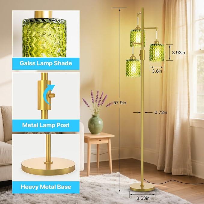Gold Floor Lamp for Living Room, Vintage 3-Light Green Glass Standing Lamp, Brass Base Mid Century Modern, Retro Tree Design Tall Floor Lamps-Ruum Studio Home