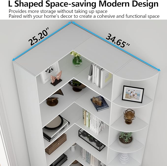 Loomie White Book Shelf, 6 Tiers Shelf Large Tall Corner Etagere Bookcase with Full Baffle, L-Shaped Modern Storage Display Industrial Bookshelves for Bedroom, Home Office, Living Room & Kitchen-Ruum Studio Home