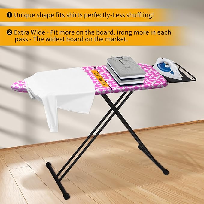 Extra Large Ironing Board with Hang Rail and Iron Rest 63" L x 20" W (Large with Iron Rest (Pink Cover))-Ruum Studio Home