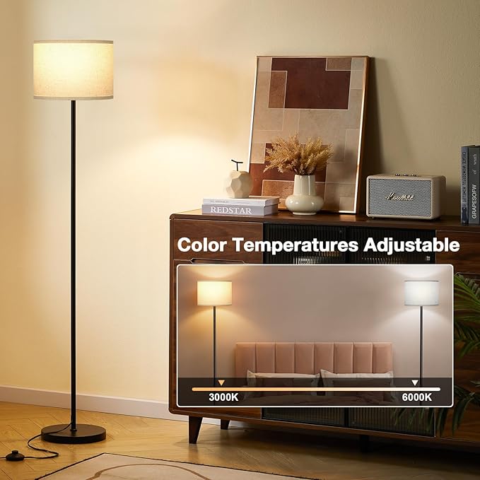 Ambimall 60'' Modern Floor Lamp with Remote, Tall Lamps for Living Room, Bedroom, Office, Dining Room, Beige Shade with Black Pole(Included Bulb)-Ruum Studio Home