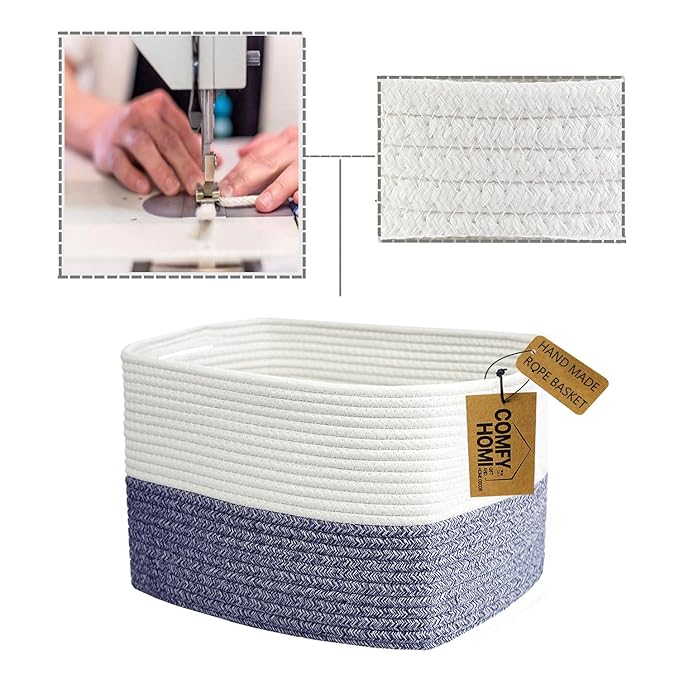 COMFY-HOMI Medium Cotton Rope Basket With Handles for Shelves|Dog Toy|Baby Gift Basket Empty for Organizing|NEW Generation 13.5" x 11" x 9.5" Living Room (Navy Blue)-Ruum Studio Home