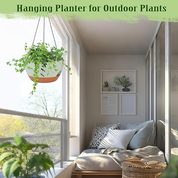 Hanging Planters for Outdoor Indoor Plants, 2 Pack 12 Inch Hanging Basket Plants Outdoor, Self Watering Hanging Planter with Plant Hanger for Garden Home Decoration (Green)-Ruum Studio Home