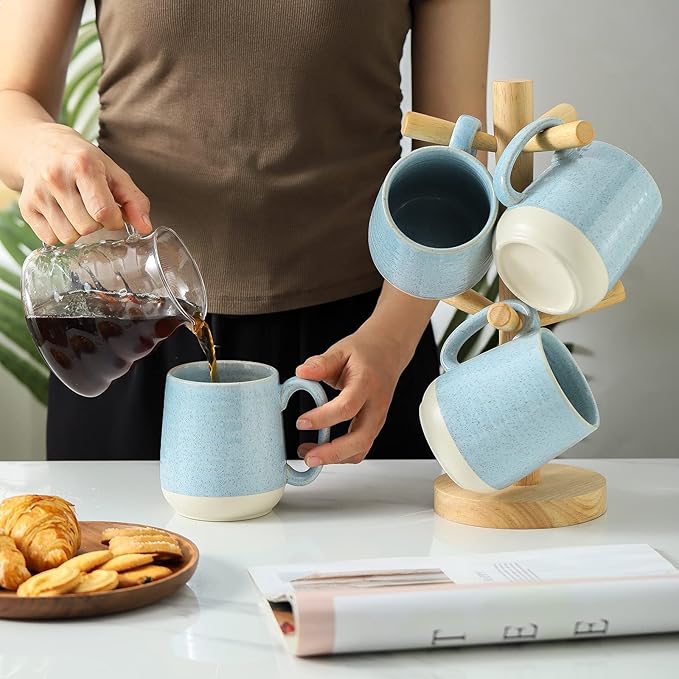 Hasense 15 Ounce Porcelain Coffee Mugs Set of 4 with Large Handle Perfect for Coffee, Tea, Milk, Chocolate and Latte, Unqiue Glaze Ceramic Coffee Cups Set for Man and Woman, Sky Blue-Ruum Studio Home