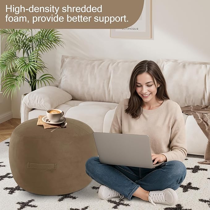 MeMoreCool Round Stuffed Pouf Ottoman Foot Rest, Floor Pouf Foot Stool with Soft Foam Chunk Filling, Small Round Ottoman Footstool Circle Footrest for Living Room, Light Coffee-Ruum Studio Home