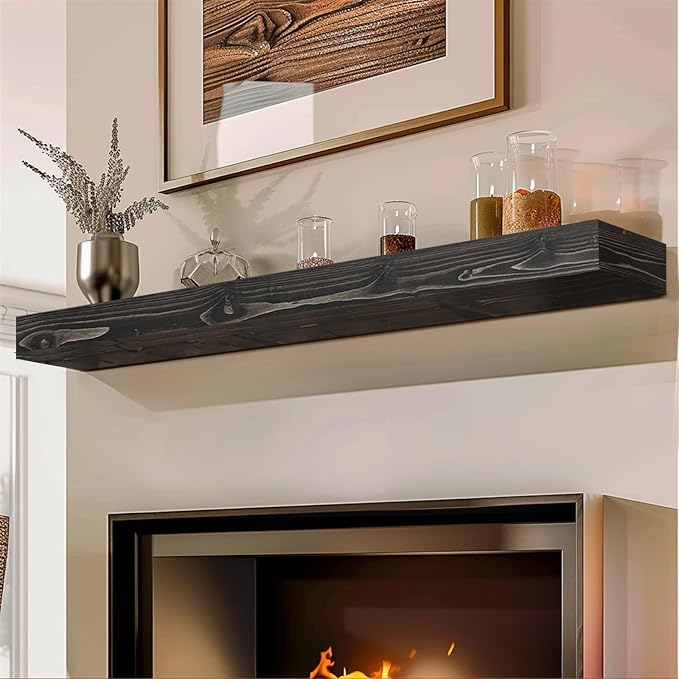 56x8x3 Fireplace Mantel - Handcrafted Hollow Rustic Solid Wood Wall Mounted Floating Shelf with Invisible Heavy Duty Wood Bracket (Weathered Black)-Ruum Studio Home