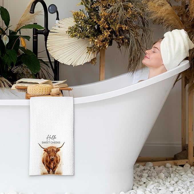 Highland Cow Farmhouse Hand Towels for Bathroom Kitchen Decor | Waffle Weave Microfiber Dish Towel Set | Hello Sweet Cheeks Farmhouse Cow Decorative - A01-Ruum Studio Home