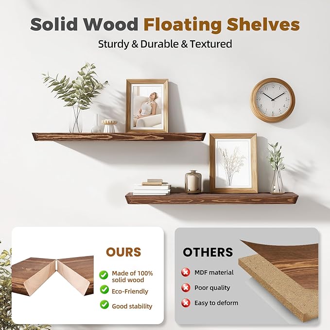 36"x6.8"x1.6" Slanted Floating Wall Shelves 2-Pack - Rustic Brown Finish, Heavy-Duty Solid Wood Design with Hidden Brackets - Perfect for Living Room, Kitchen, Bathroom, or Office-Ruum Studio Home
