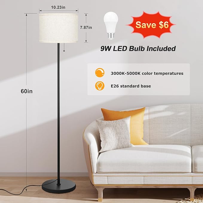 Ambimall Modern Standing Floor Lamp for Living Room & Bedroom with 3 Color Temperatures Bulb & Pull Chain Switch, 60" Tall with Beige Shade & Black Pole-Ruum Studio Home