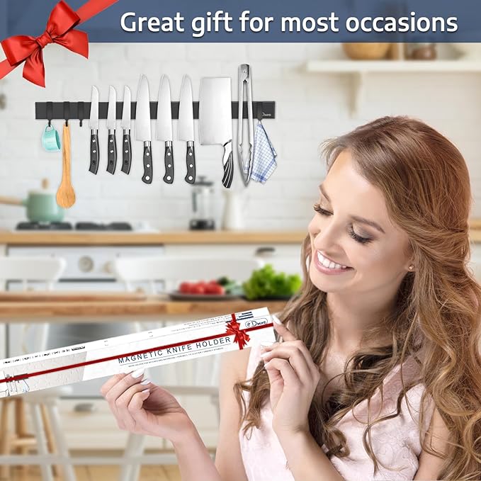 Dmore magnetic knife holder for wall—with 4 hooks, No Drilling 23 Inch black knife magnetic strip, Powerful knife magnet rack, include Adhesive Tape and screws for Knives, Utensils, and Tools-Ruum Studio Home