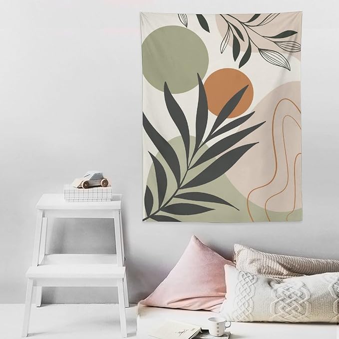 Abstract Bohemian Mid Century Tapestry, Tropical Leaves Modern Geometric Archway Minimalist Bohemian Botanical Aesthetic Wall Hanging, Sage Green Gold Home Decor Art for Bedroom 60x80 Inch-Ruum Studio Home