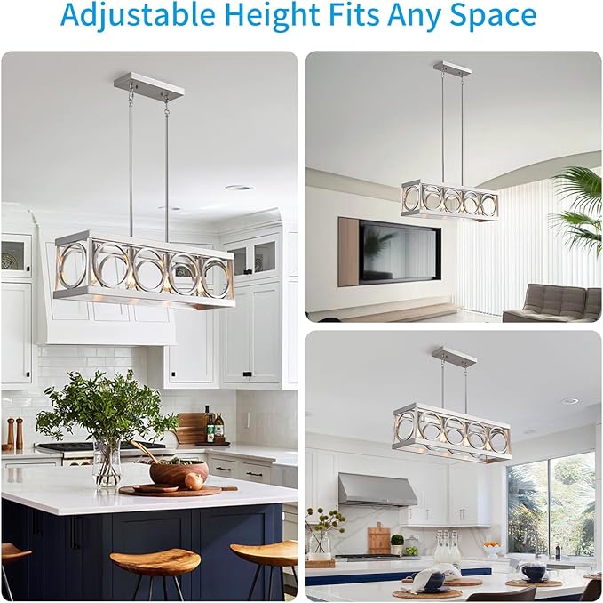 XINGQI Linear Chandelier Brushed Nickel Kitchen Island Light Fixtures 31.5" Rectangle Dining Room Chandeliers, Farmhouse Hanging Large 4-Light Rustic Metal Living Room Office Pendant Lighting-Ruum Studio Home