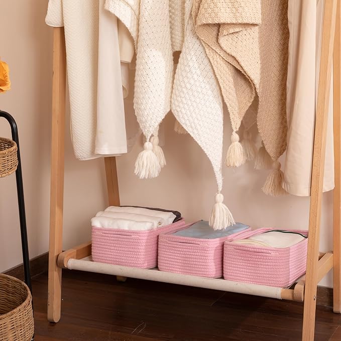 3 Pack Small Storage Baskets for Organizing, Cute Woven Decorative Gift Baskets for Shelves, Mini Closet Organizer Bins with Handles, 11.81''Lx7.87''Wx4.72''H-Pink-Ruum Studio Home