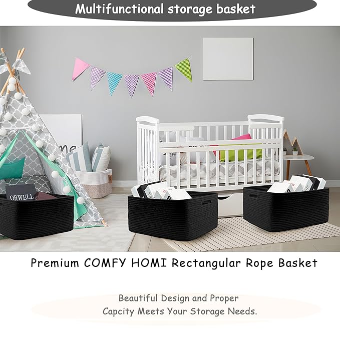 COMFY-HOMI Cotton Rope Woven Basket with Handles for Shelves,Toys,Book, Cloth Storage Baskets for Organizing-17" x 13" x 7.5" Toy Decorative Organizer for Living Room, Bathroom （all black）-Ruum Studio Home