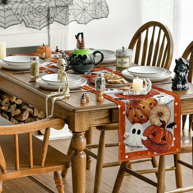 Artoid Mode Orange Jack-O'-Lantern Pumpkin Ghost Halloween Table Runner, Holiday Kitchen Dining Table Decoration for Home Party Decor 13 x 72 Inch-Ruum Studio Home