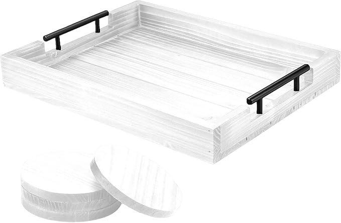 Ottoman Tray | Wooden Serving Tray with Handles & Coasters - 17x13 Inch, Rustic, White, Solid, Rectangular, Vintage, Lightweight-Ruum Studio Home