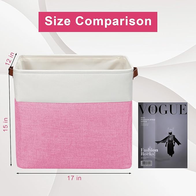 Large Fabric Storage Baskets | 50L Storage Bins, Decorative Linen Closet Baskets with Handles for Organizing, Shelf, Toys, Clothes, Home, Office, Nursery, 17x12x15Inches (Pink&White)-Ruum Studio Home
