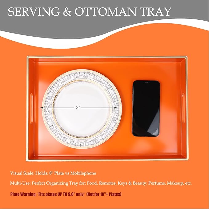 Spsyrine Orange Decorative Serving Tray with Handles, Elegant Plastic Coffee Table Tray for Ottoman, Living Room, Home Decor 15.6" X 10.2"-Ruum Studio Home