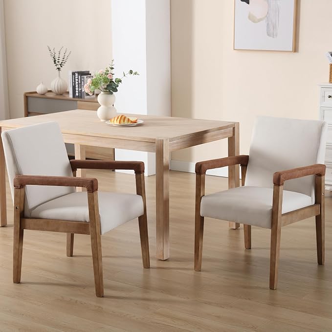 Kmax Modern Dining Chairs Set of 4 Linen Fabric Kitchen Arm Chairs Upholstered Accent Chairs with Wooden Legs for Dining Room, Living Room, Bedroom, White-Ruum Studio Home
