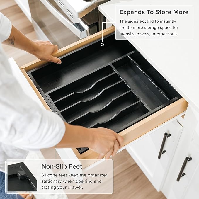 Premium Silverware, Flatware and Utensil Organizer for Kitchen Drawers, Food-Safe Contract Grade, Expandable from 10.5 to 19 In, Black Bamboo-Ruum Studio Home