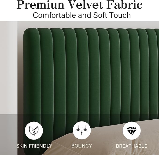 Queen Size Bed Frame, Velvet Upholstered Platform Bed with Vertical Channel Tufted Headboard and Footboard, No Box Spring Required, Easy Assembly, Green-Ruum Studio Home