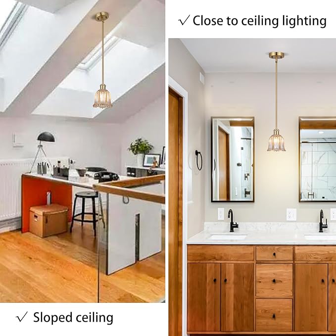 Modern Gold Pendant Light Brushed Brass Mid Century Chandelier Amber Glass Shades Adjustable Rods Farmhouse Ceiling Hanging Lighting Fixture Kitchen Island Dining Room Bedroom-Ruum Studio Home