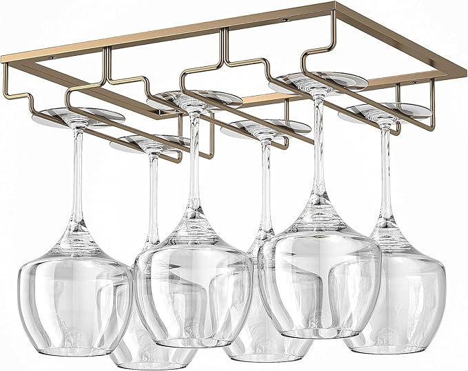 Wine Glass Rack - Under Cabinet Stemware Wine Glass Holder Glasses Storage Hanger 2 Pack Metal Organizer for Bar Kitchen Gold-Ruum Studio Home