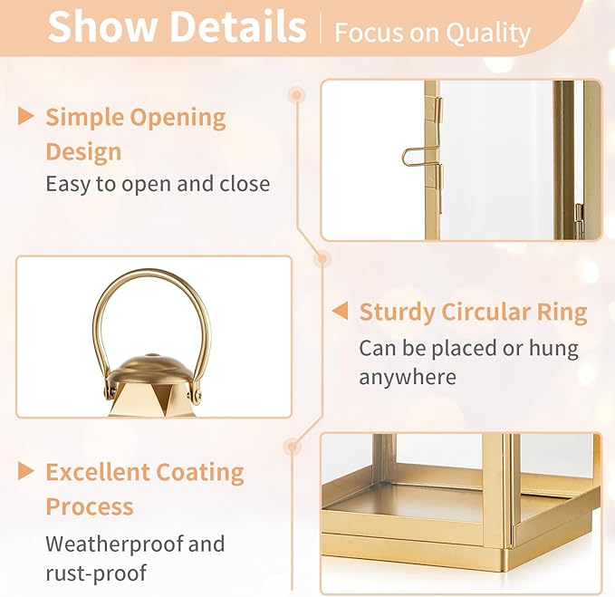 NUPTIO Gold Lanterns Decorative for Wedding: 11.3 Inch Tall Metal Lantern Decor with Glass - Outdoor Candle Holder for Table Centerpiece Dining Room Mantel Patio-Ruum Studio Home