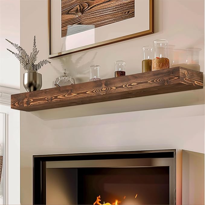 56x8x3 Fireplace Mantel - Handcrafted Hollow Rustic Solid Wood Wall Mounted Floating Shelf with Invisible Heavy Duty Wood Bracket (Weathered Brown)-Ruum Studio Home