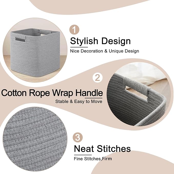 OIAHOMY Storage Cubes 11 Inch Bins-3-Pack, Cotton Rope Woven Baskets for Organizing, Square Storage Baskets for Shelves, Classroom, Kids Toy Bins, Closet, Baby Nursery-Grey-Ruum Studio Home