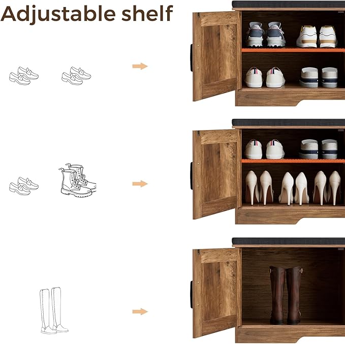 2-Tier Storage Bench, Shoe Bench with Padded Seat Cushion, Entryway Bench with 4 Barn Doors, Adjustable Shelf, 13.8" D x 47.2" W x 17.7" H, for Entryway, Living Room, Bedroom, Rustic Walnut-Ruum Studio Home