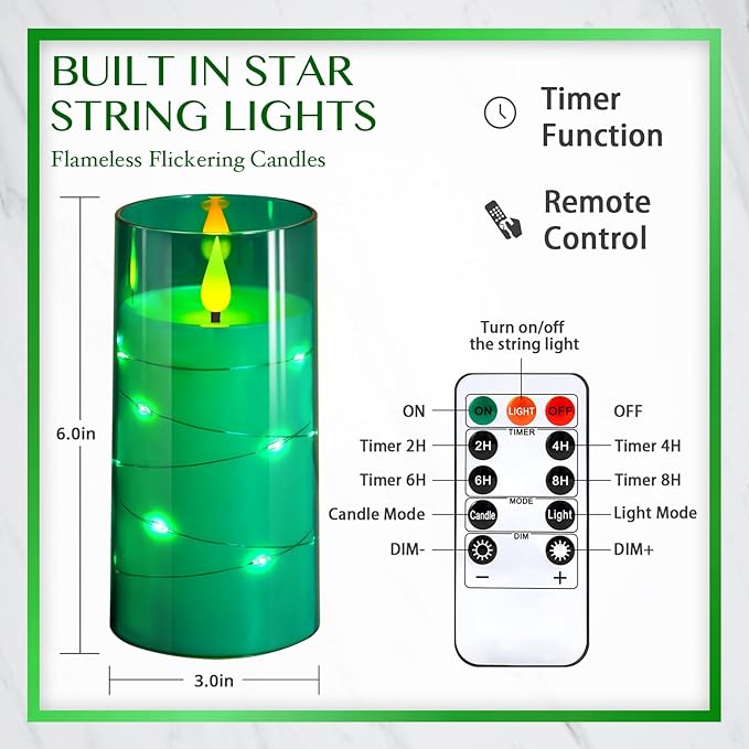 NURADA Flickering Flameless Candles: Built-in Star String Acrylic Battery LED Pillar Candles Candles with Remote and Timer for Home Party Weddings Christmas Halloween Decor -Green 2 Pack-Ruum Studio Home